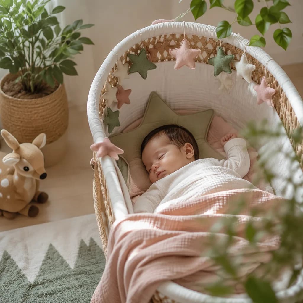 A peaceful baby nursery with soft star and woodland details in warm pastel light.
