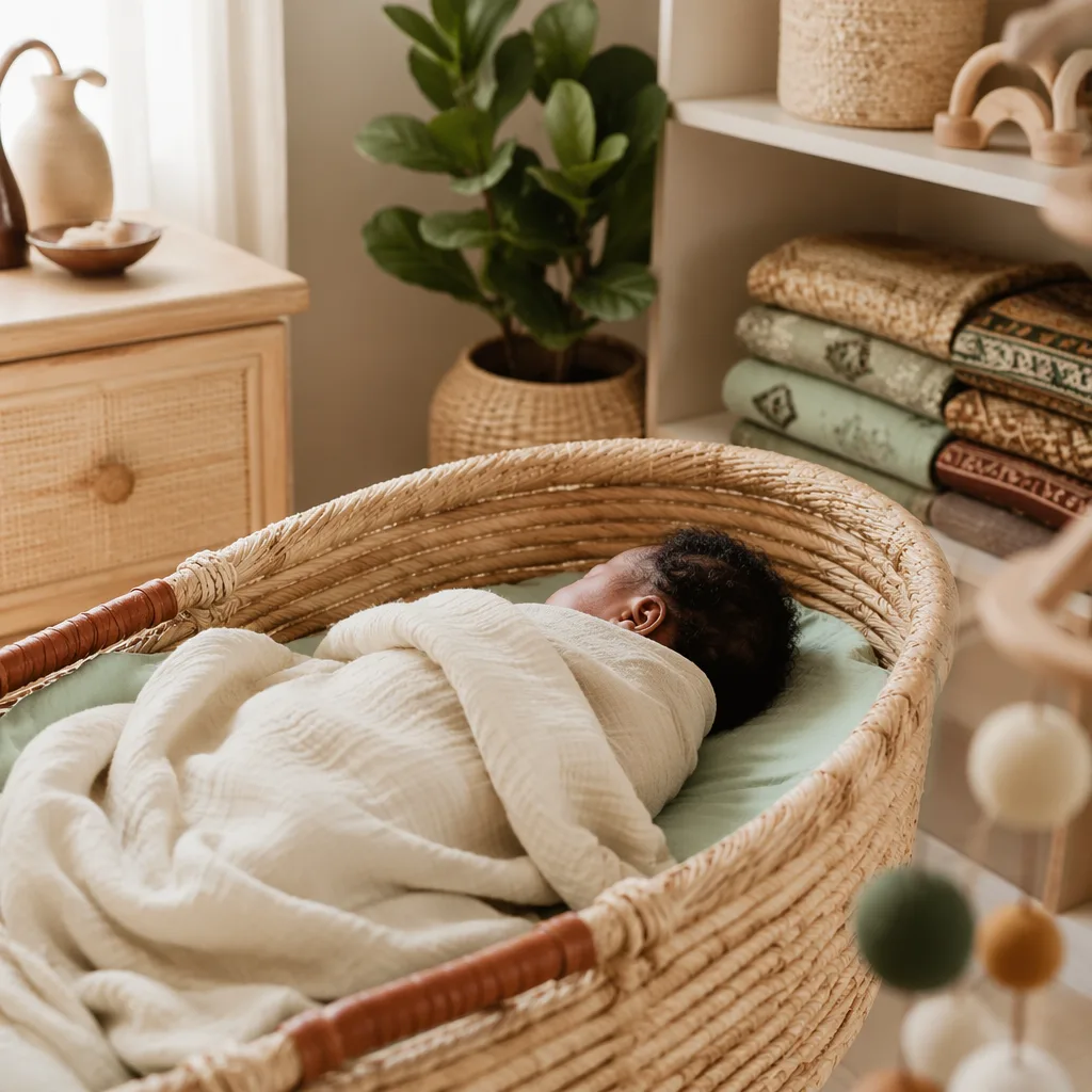 Peaceful newborn in a warm pastel nursery with subtle Nigerian-inspired decor.