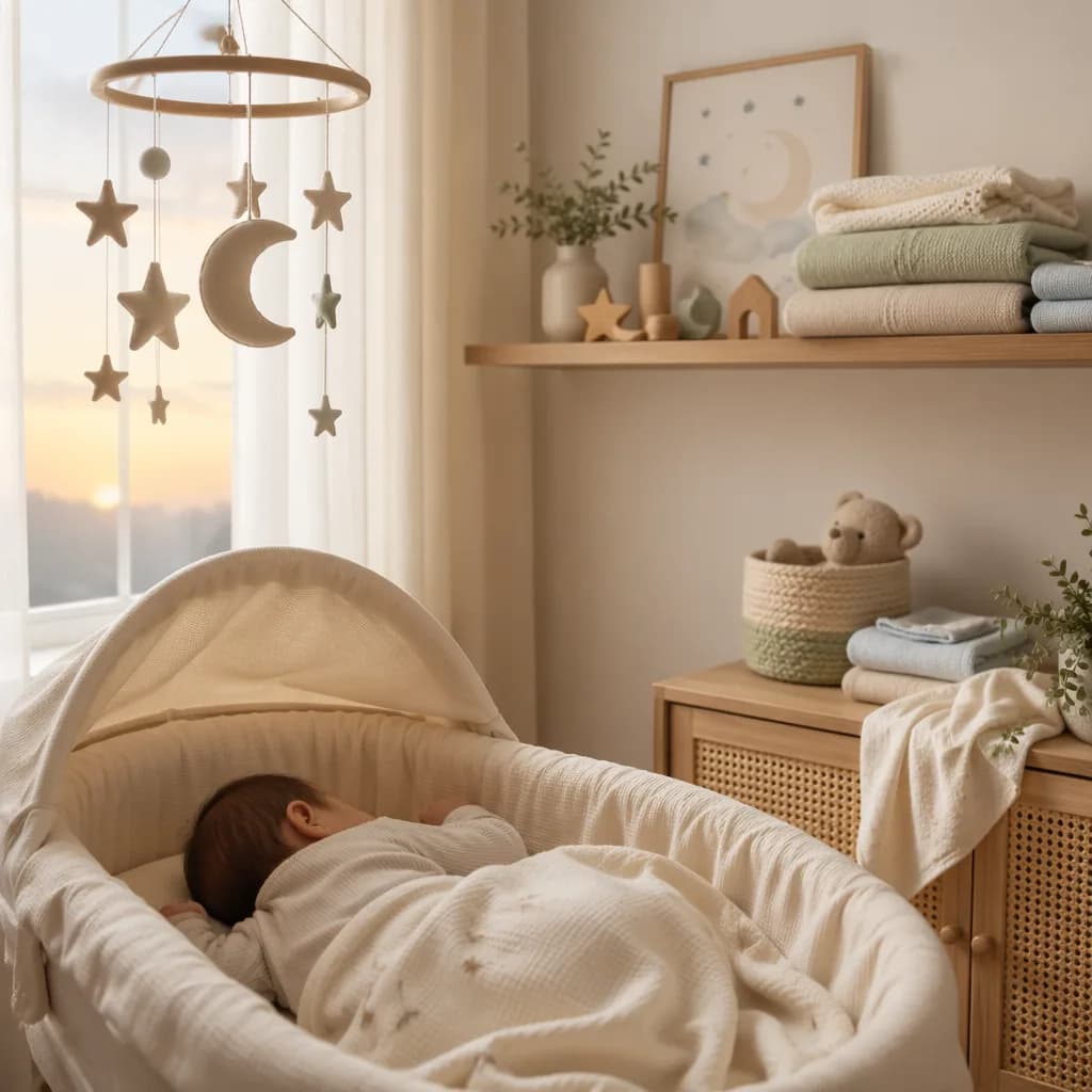 Soft pastel Arabic-inspired nursery with a sleeping baby, dawn light, and a star mobile.