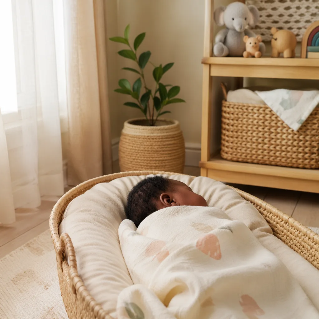 A peacefully swaddled baby in a softly lit nursery with a small sprouting plant symbolizing hope.