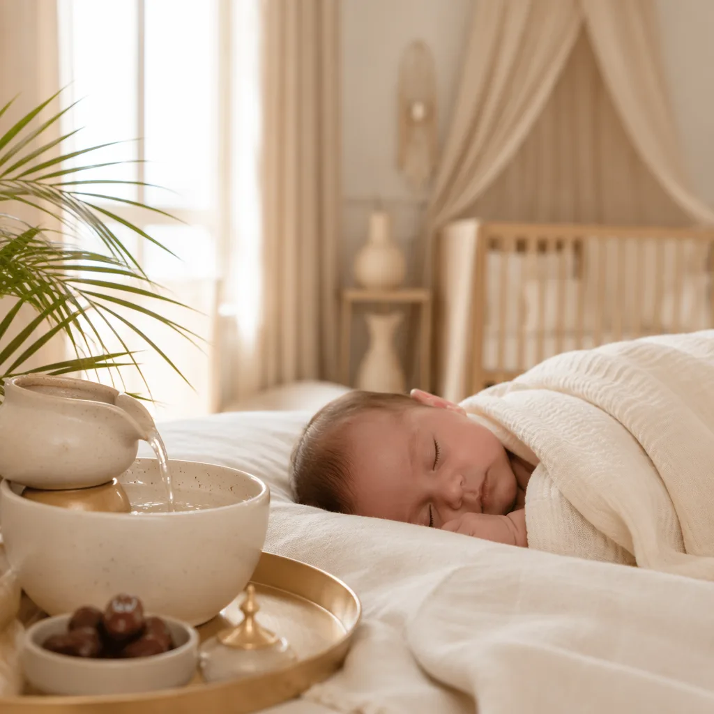 A serene pastel nursery with a swaddled baby and a small fountain symbolizing Tasnim Amal.