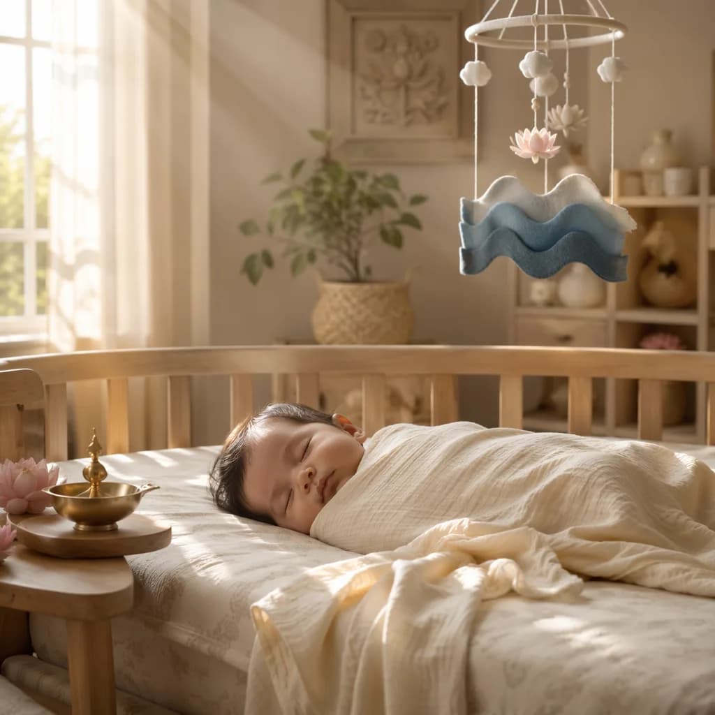 A cozy pastel nursery with a sleeping swaddled baby, lotus accents, and a wave mobile in soft natural light.