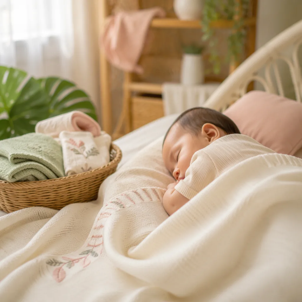 A peaceful Filipino baby napping in a soft pastel nursery with folded baby clothes and warm natural light.