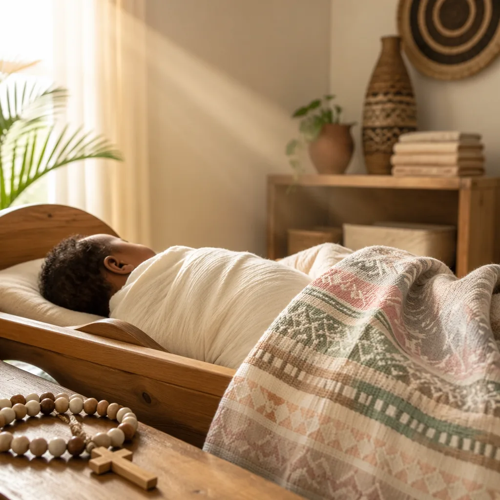 A softly lit Nigerian-inspired nursery with a swaddled sleeping baby and pastel woven blanket.
