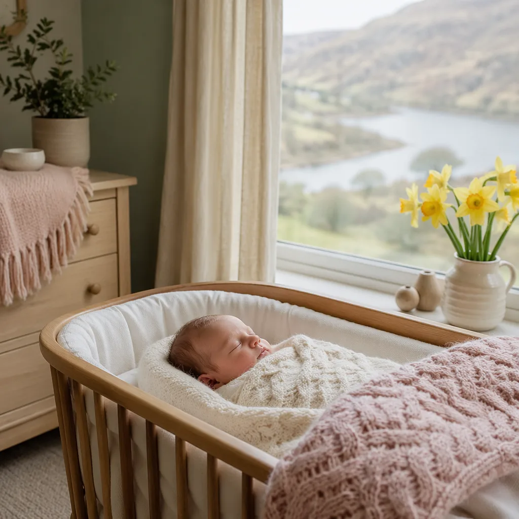 A cozy Welsh-inspired nursery with a sleeping newborn, daffodils, and soft natural light.