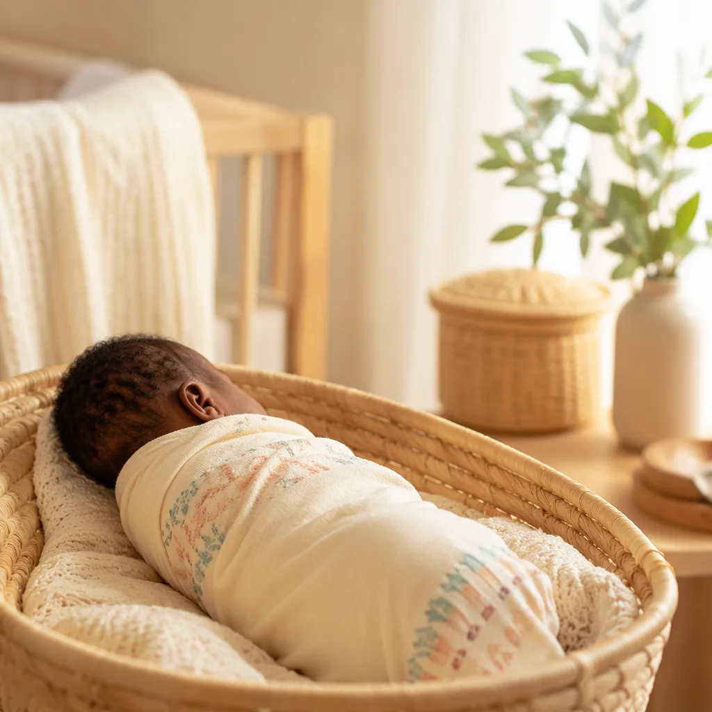 Peaceful Yoruba baby in a soft pastel nursery with warm natural light.