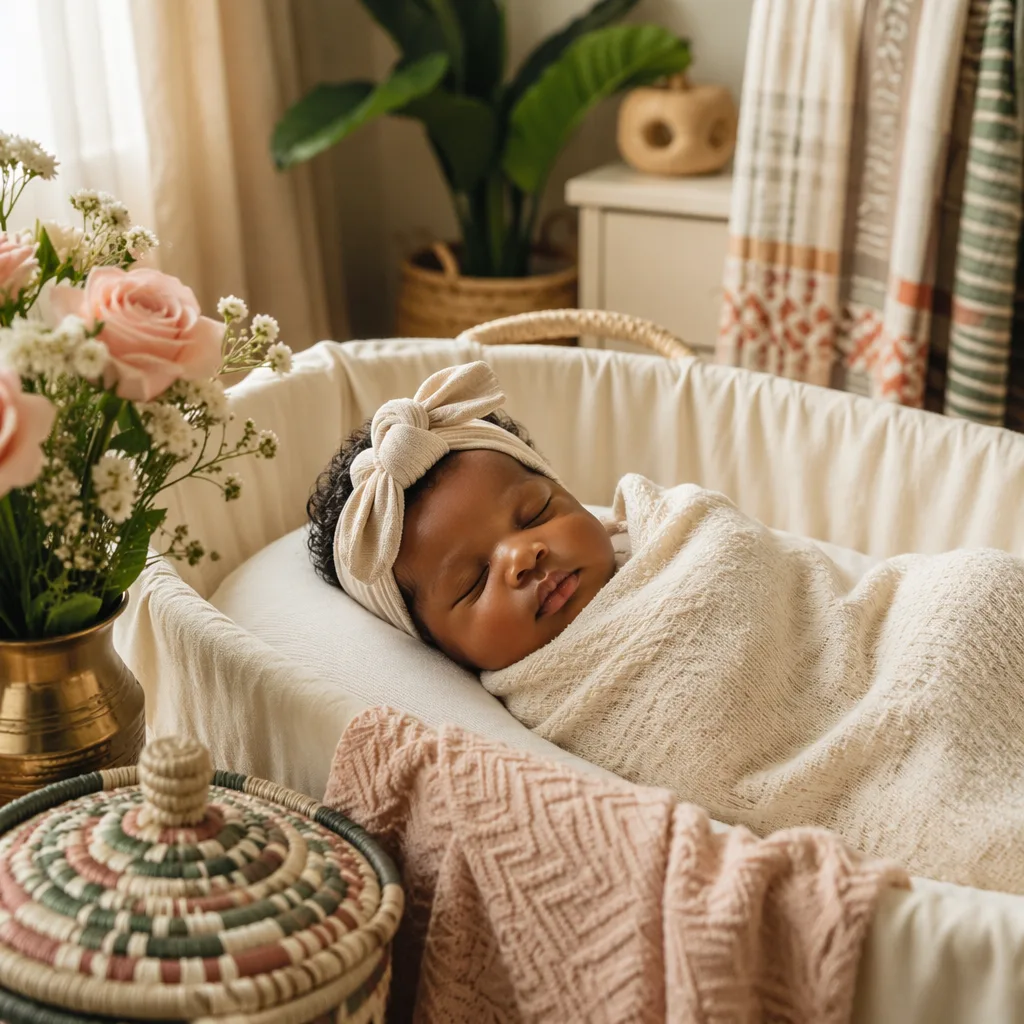 Sleeping Nigerian baby in a soft, warmly lit nursery with gentle Yoruba-inspired accents.