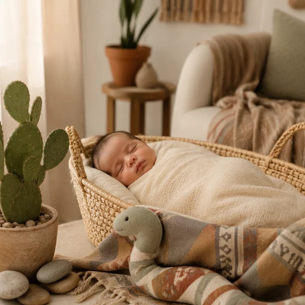 Sleeping baby in a warm pastel nursery with cactus, stones, and a soft serpent plush.