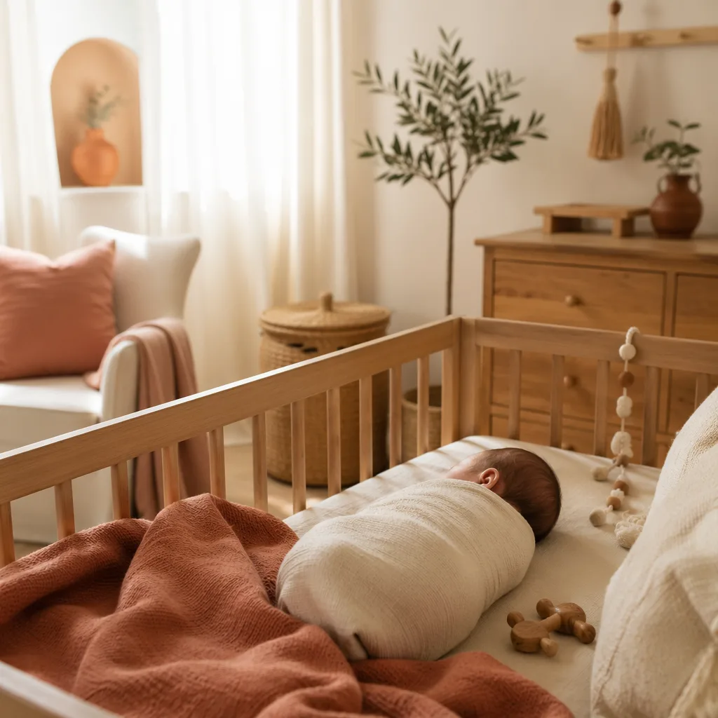 Sleeping swaddled baby in a warm pastel Spanish-inspired nursery.