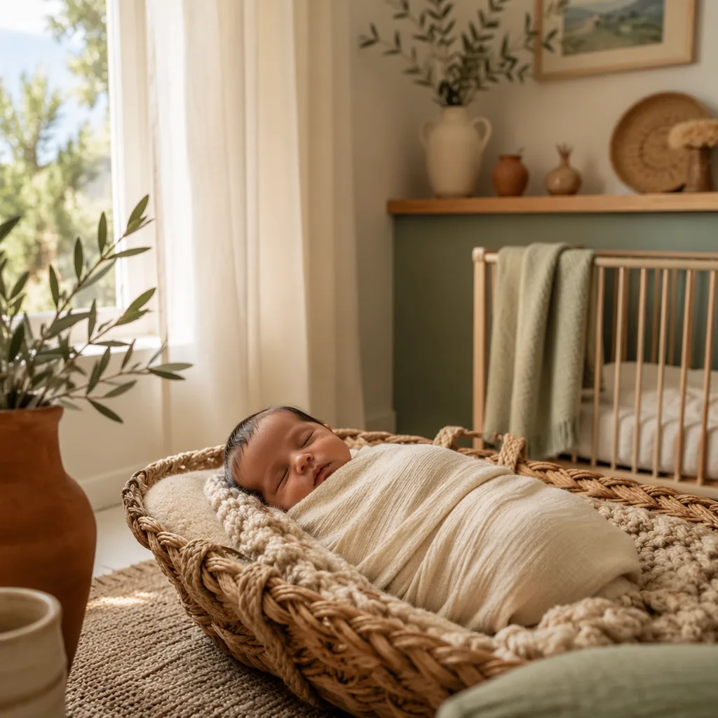 A peaceful swaddled baby in a warm Spanish-inspired nursery with soft natural light.