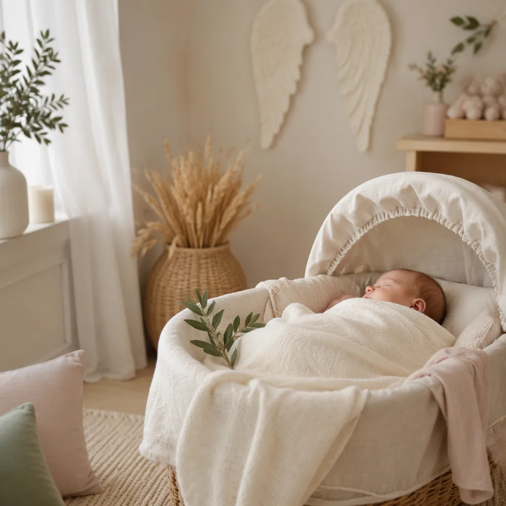 Soft pastel Italian nursery with a sleeping baby, olive branch, wheat, and gentle angel-inspired decor.