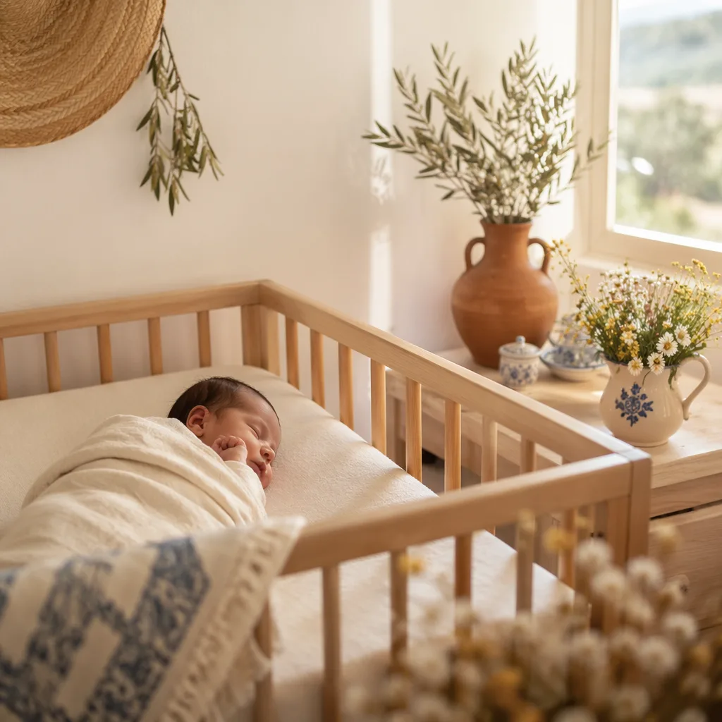 A peaceful newborn nursery with soft Portuguese-inspired decor and gentle natural light.