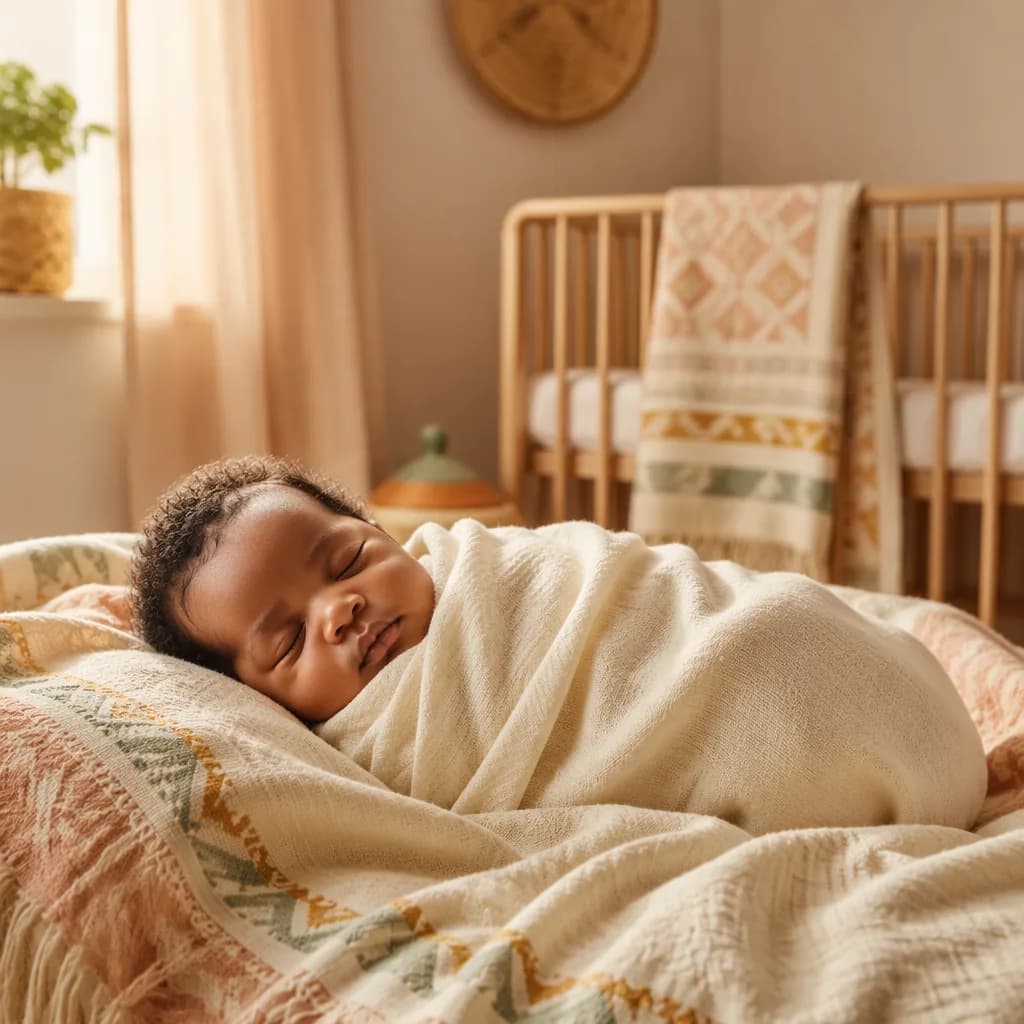 Sleeping baby in a warm pastel nursery with subtle Ethiopian-inspired details.