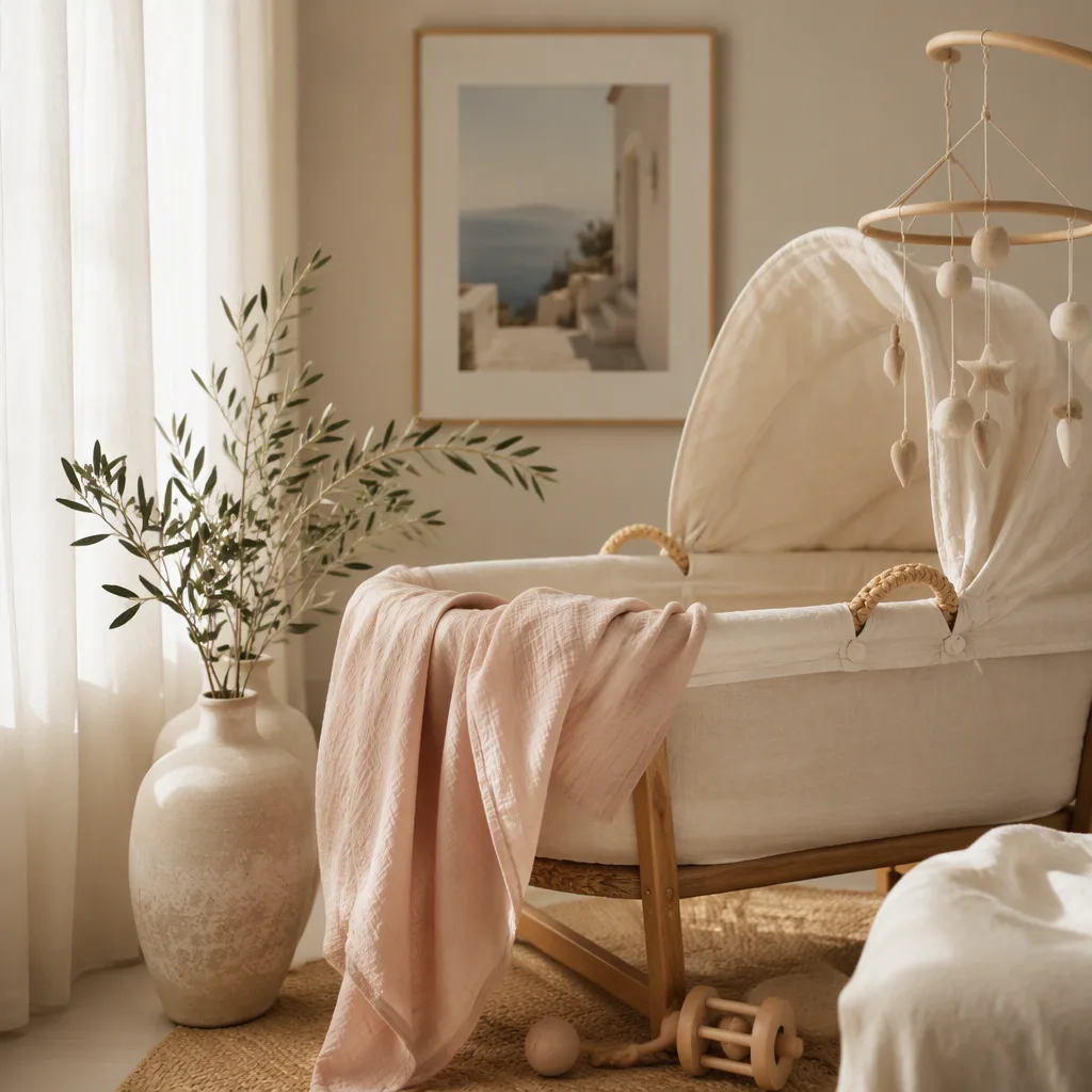 Soft pastel nursery scene with a bassinet, olive branch, and gentle natural light.