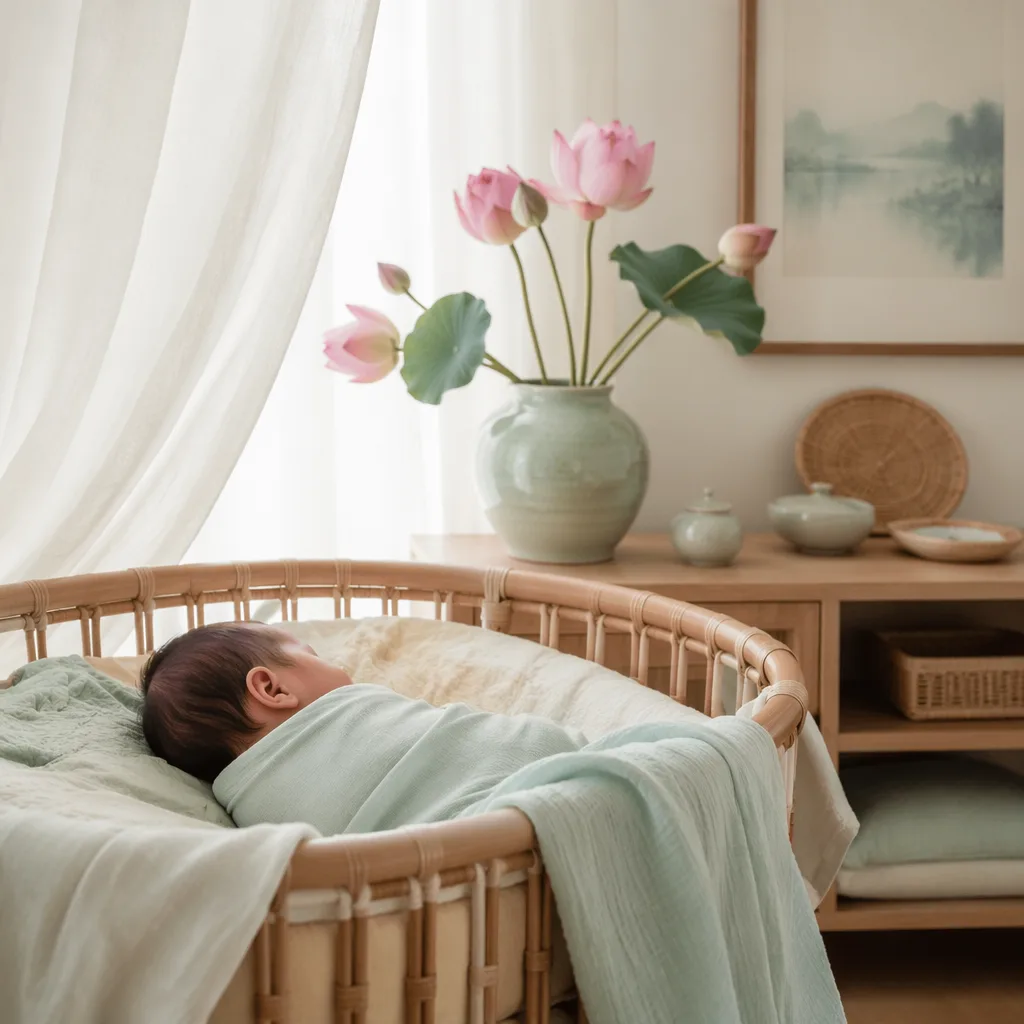 Peaceful Vietnamese-inspired nursery with a swaddled sleeping baby, lotus flowers, and soft pastel aqua accents.