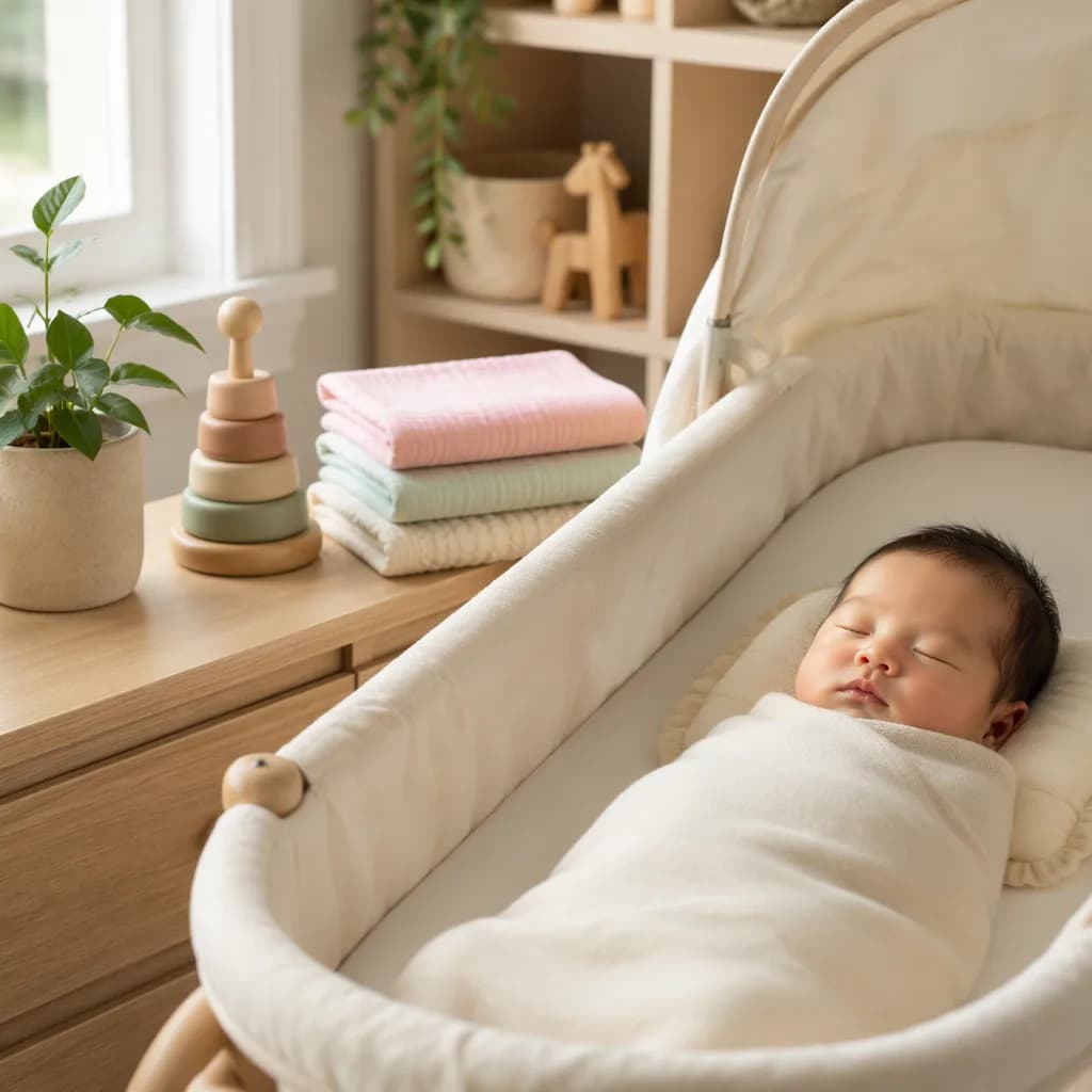 Peaceful Vietnamese baby in a cozy pastel nursery with gentle symbols of growth and success