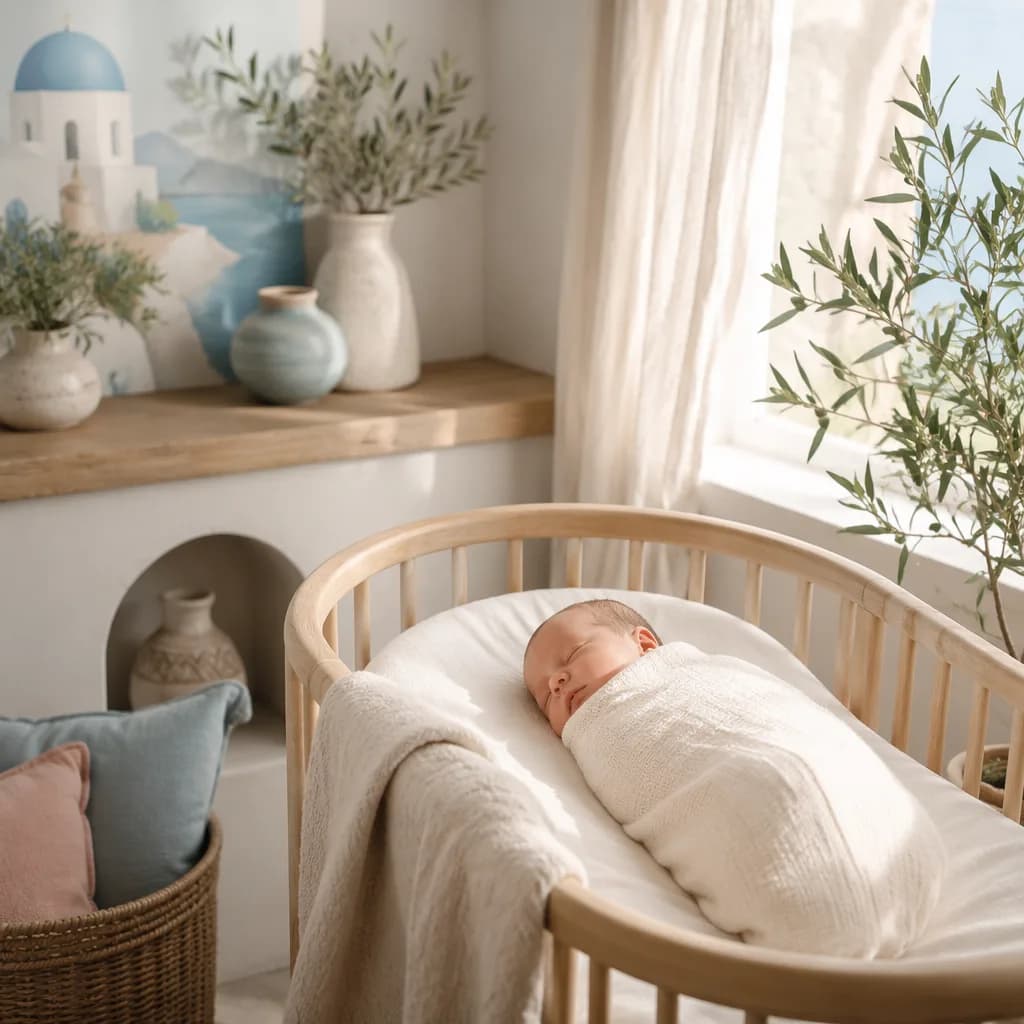 Sleeping newborn in a soft Greek-inspired nursery with olive branches and pastel light.