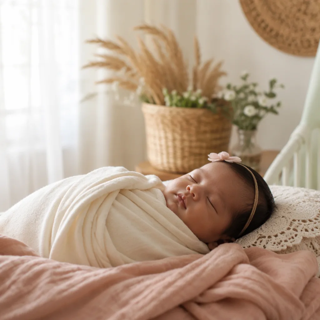 A Filipino baby sleeping softly in a pastel nursery with flowers and a woven basket.