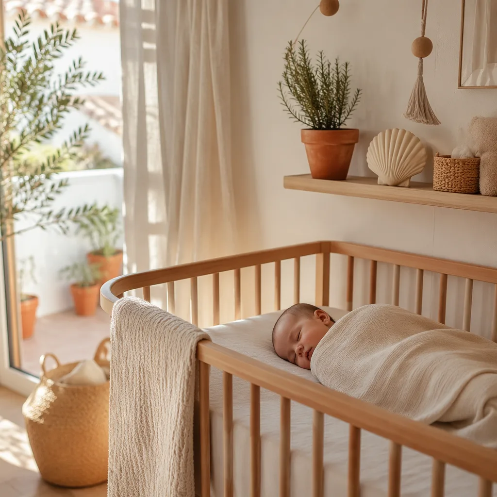 A peaceful Spanish-inspired nursery with a sleeping baby, rosemary, and soft natural light.