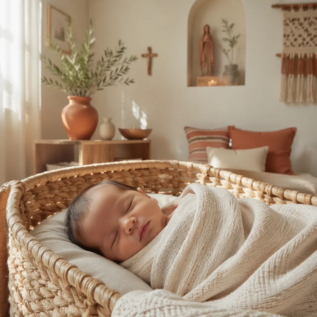 Sleeping newborn in a cozy Spanish-inspired nursery with soft blankets and warm pastel accents.