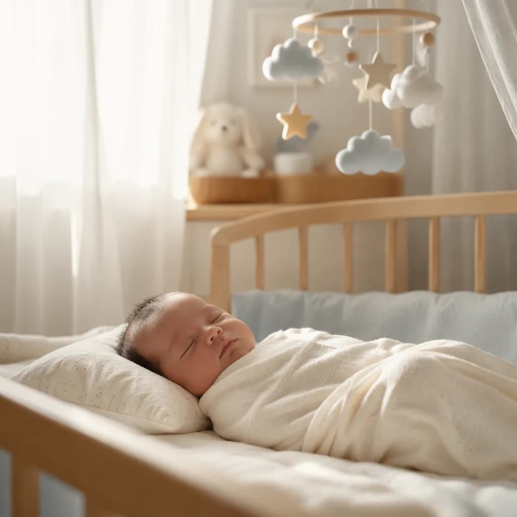 A peaceful swaddled baby in a softly lit pastel nursery with a cloud and star mobile.