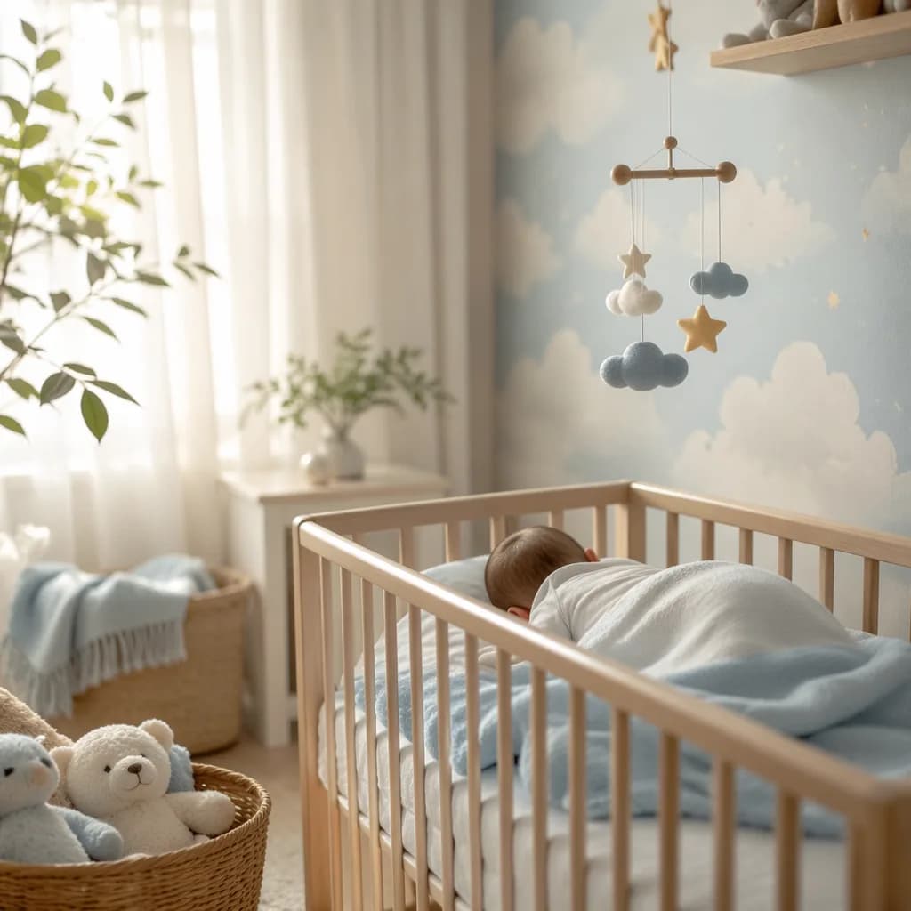 Soft pastel nursery with a peaceful sleeping baby and cloud-inspired decor, evoking a heavenly blessing.