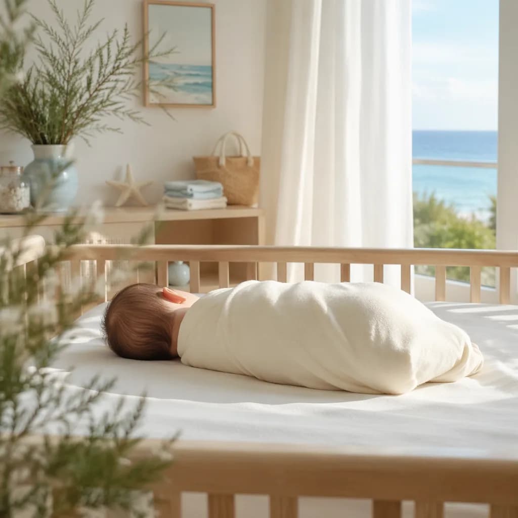 Sleeping newborn in a soft pastel nursery with gentle ocean-inspired decor and greenery.