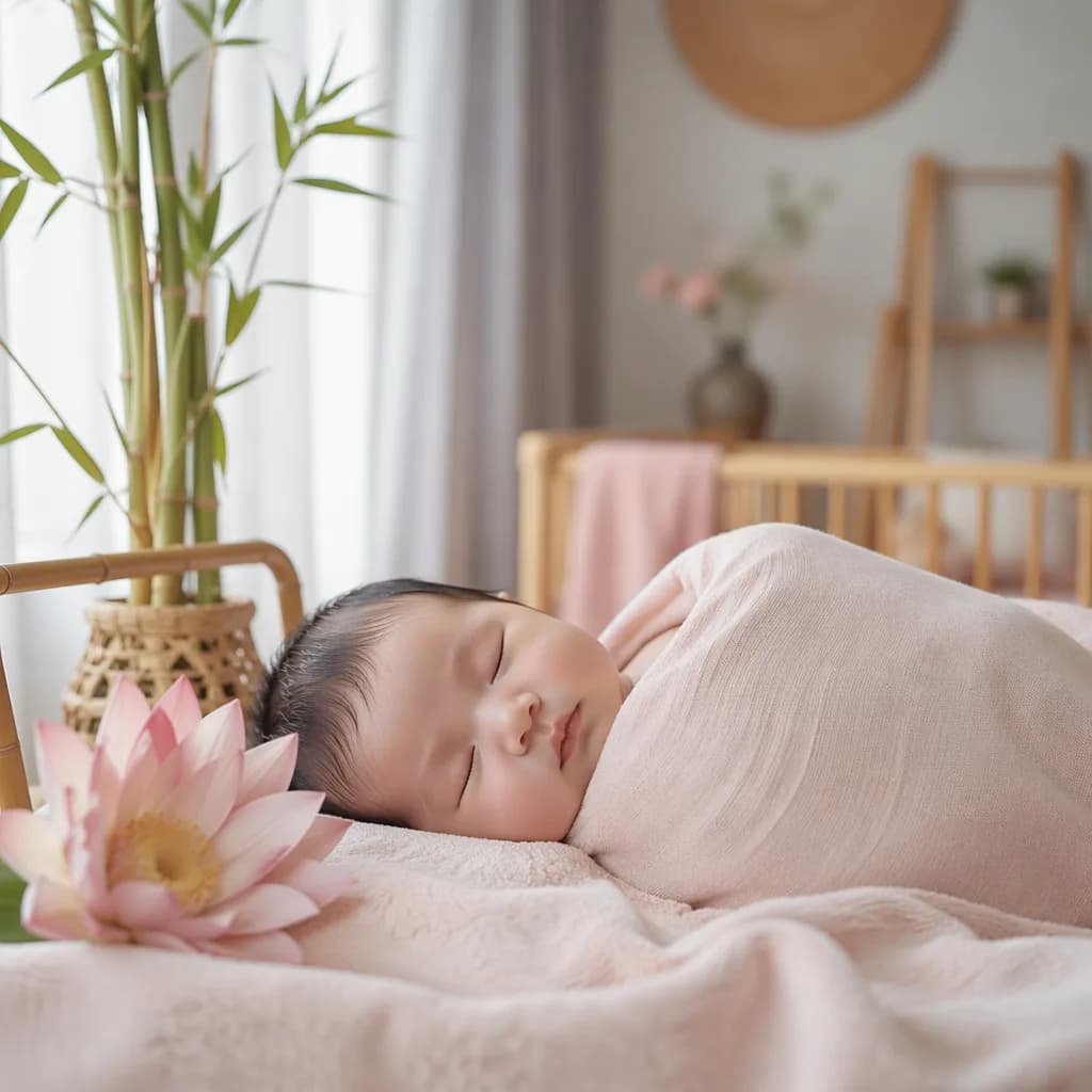 Sleeping Vietnamese newborn in a soft pastel nursery with lotus and bamboo accents.