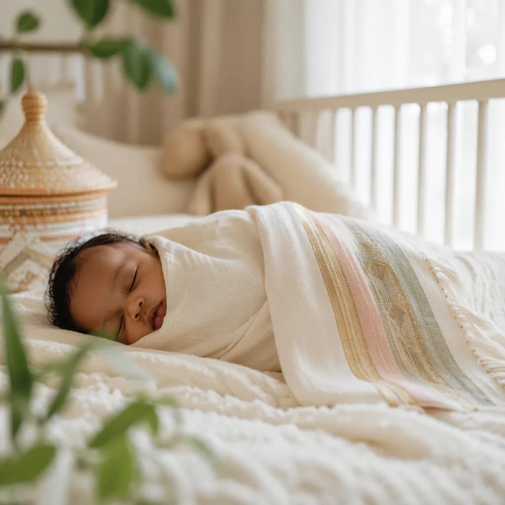 Peaceful sleeping baby in a warm Ethiopian-inspired pastel nursery.