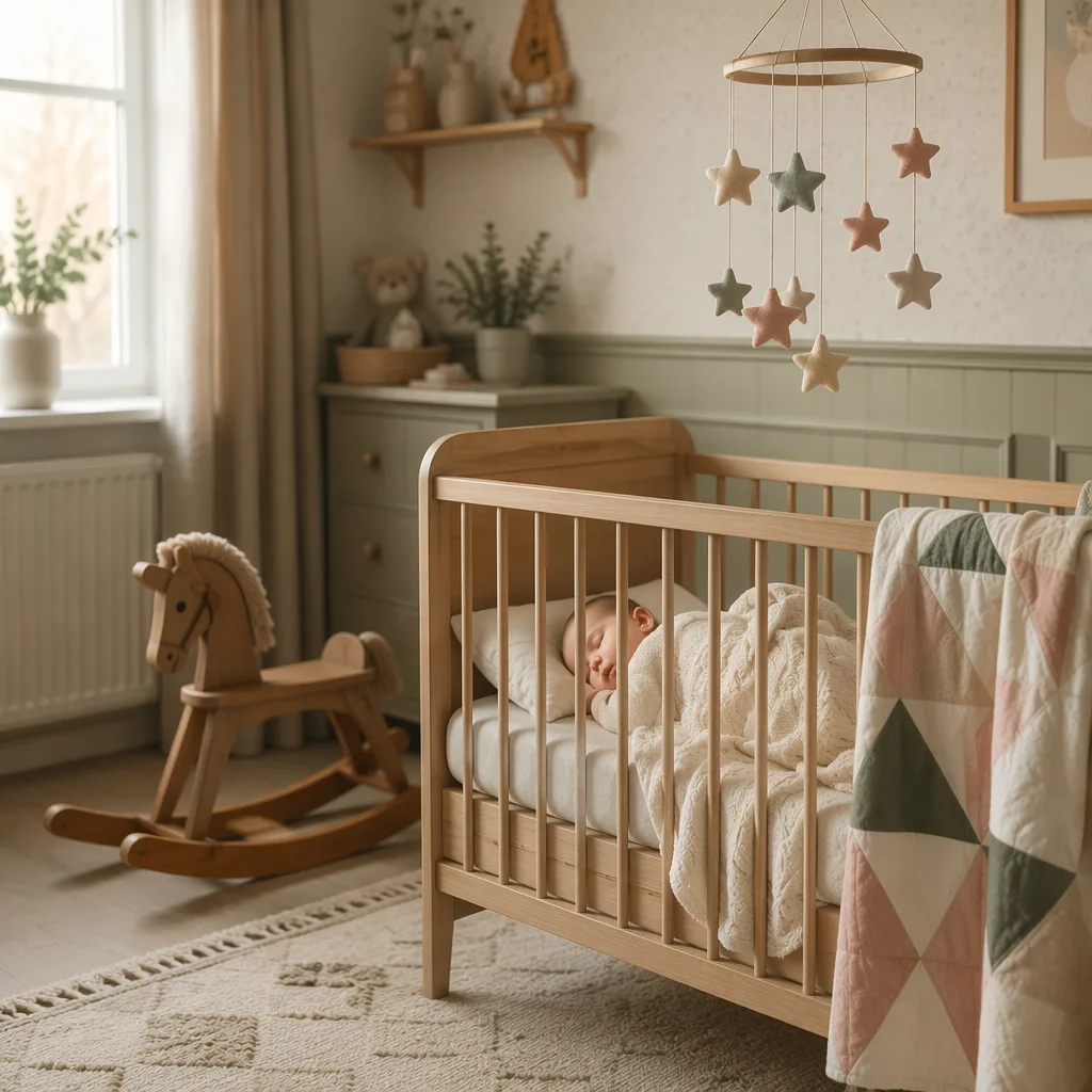 A softly lit modern nursery with a sleeping baby in a cream blanket and gentle wooden accents.