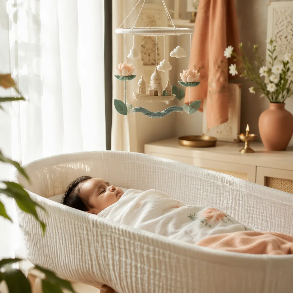 A serene Bengali-inspired nursery with a sleeping baby and soft lotus and river details.