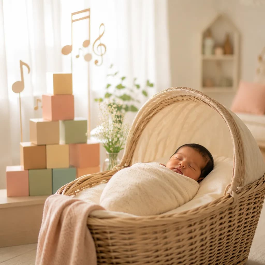 Peaceful newborn in a pastel nursery with soft ascending decor.