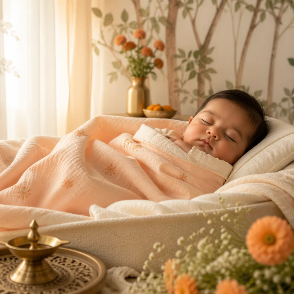 Peaceful Hindi baby in a soft pastel nursery with warm natural light and gentle Indian-inspired decor.