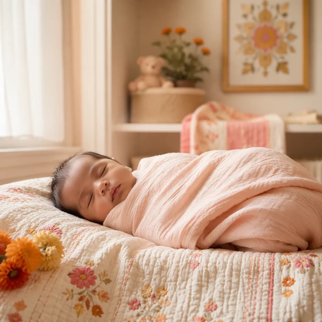Sleeping Bengali newborn in a soft pastel nursery with gentle natural light