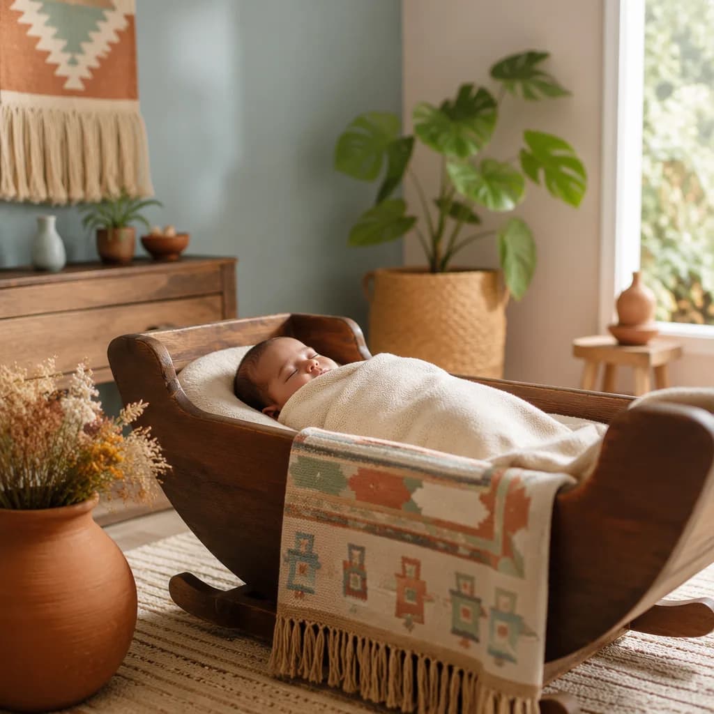 A peaceful nursery with a swaddled baby and soft Nahuatl-inspired woven accents.