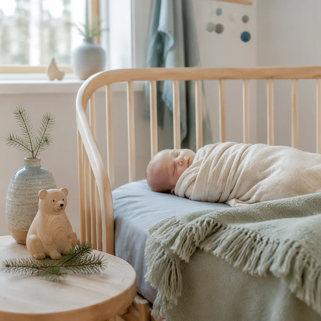 Peaceful Scandinavian nursery with a swaddled newborn in soft natural light.