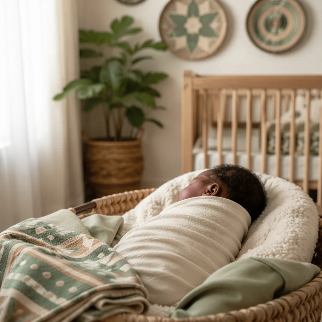 A peacefully swaddled Nigerian newborn in a softly lit modern nursery with Yoruba-inspired details.