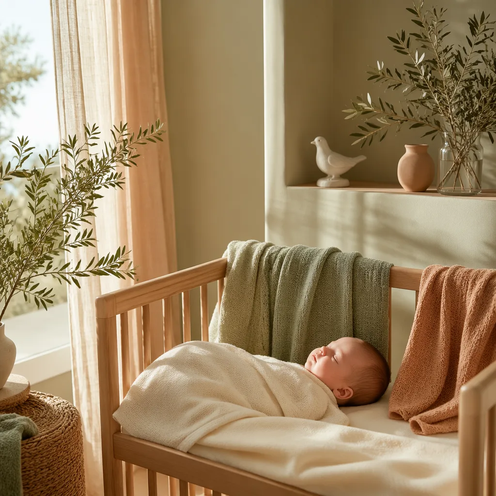 A peaceful Italian-inspired nursery with a swaddled baby, olive branch, and soft pastel decor.