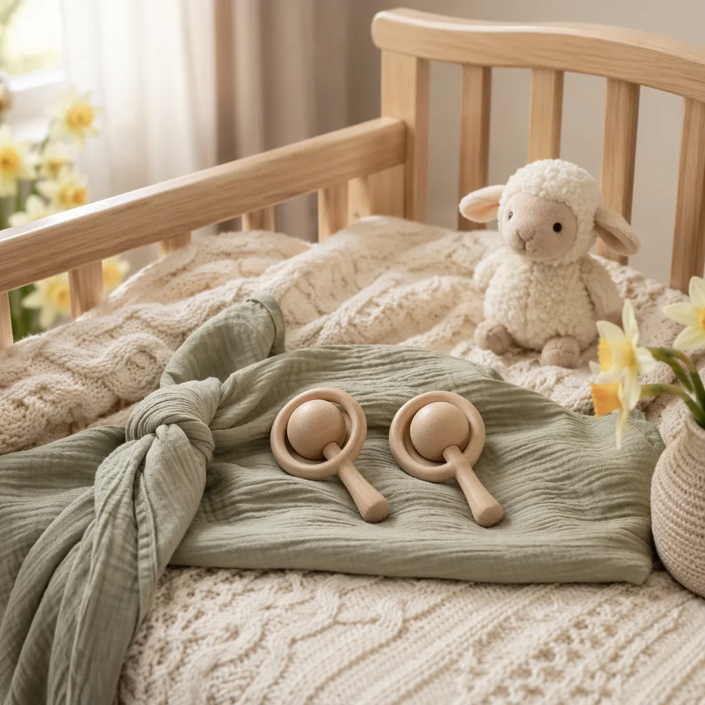 Cozy Welsh-inspired nursery still-life with baby blanket, daffodils, lamb toy, and twin wooden rattles.