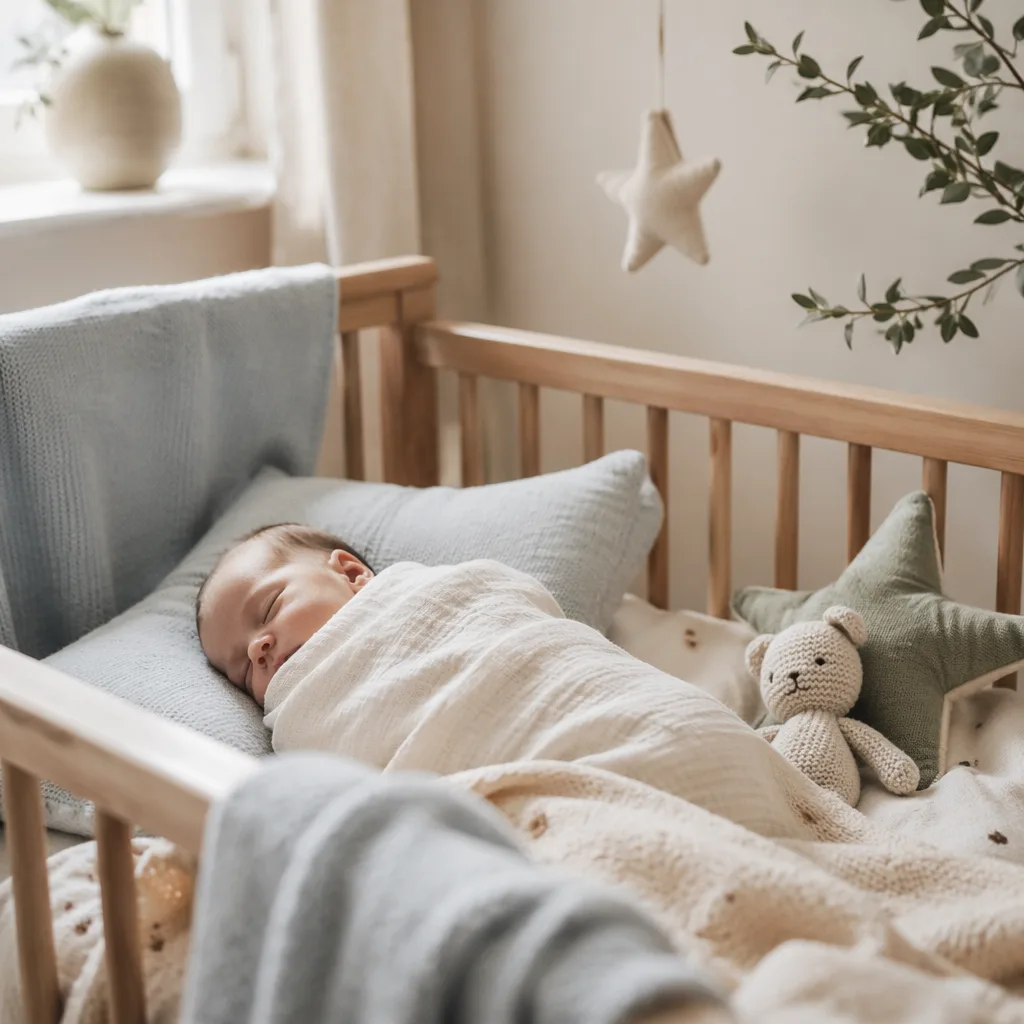 A softly lit Scandinavian nursery with a sleeping swaddled baby in warm pastel tones.