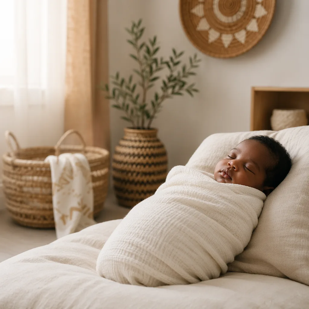 Sleeping newborn in a soft Nigerian-inspired nursery with warm natural light