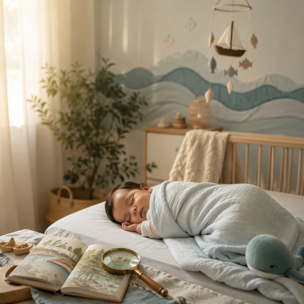 Sleeping Bengali baby in a soft pastel nursery with river and discovery-inspired decor.