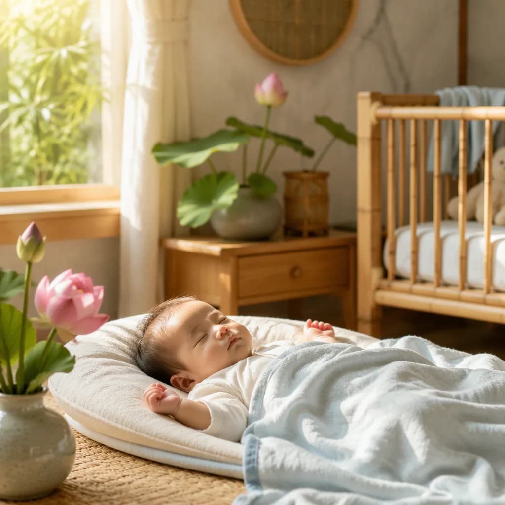 Vietnamese baby resting in a softly lit cozy nursery with lotus flowers and bamboo accents.