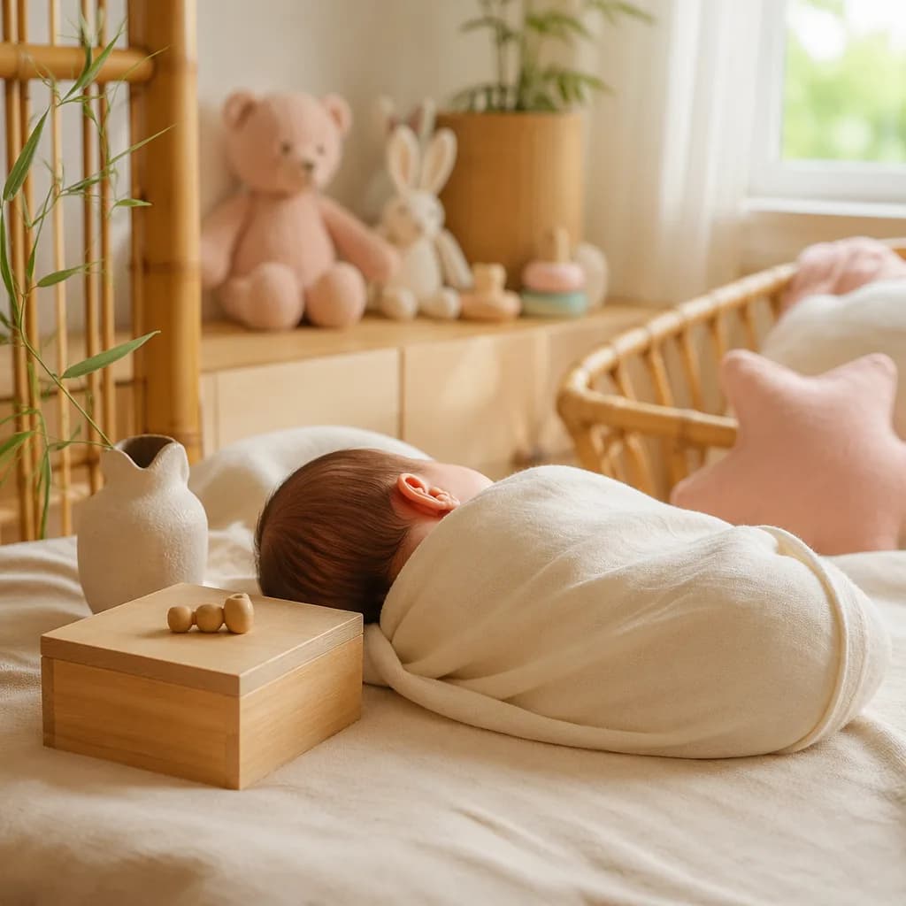 A softly lit cozy nursery with a swaddled Vietnamese baby and family keepsake box.