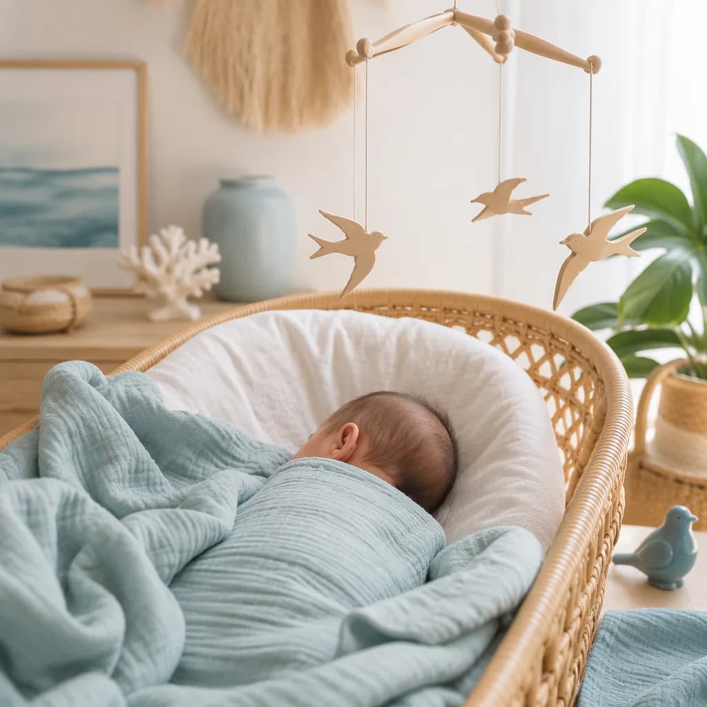 A peaceful Vietnamese-inspired nursery with a sleeping baby and a sea swallow bird mobile.