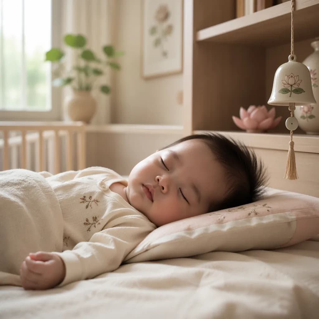 Sleeping Vietnamese baby in a soft pastel nursery with lotus accents and a small bell charm