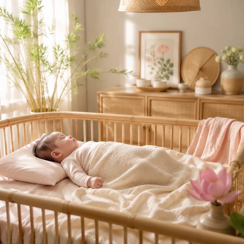 Peaceful Vietnamese-inspired nursery scene with a sleeping baby and soft pastel morning light