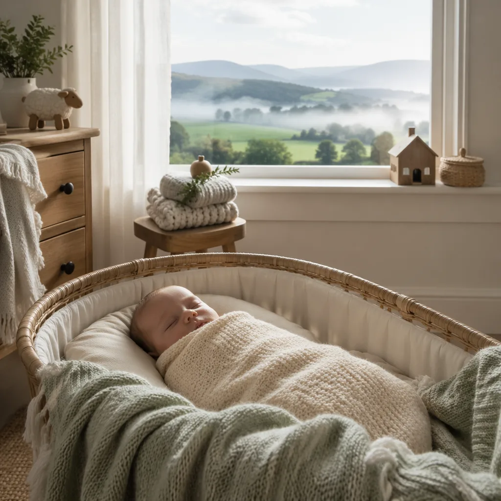 Sleeping baby in a soft Welsh-inspired nursery with gentle green hills and cozy wool accents.