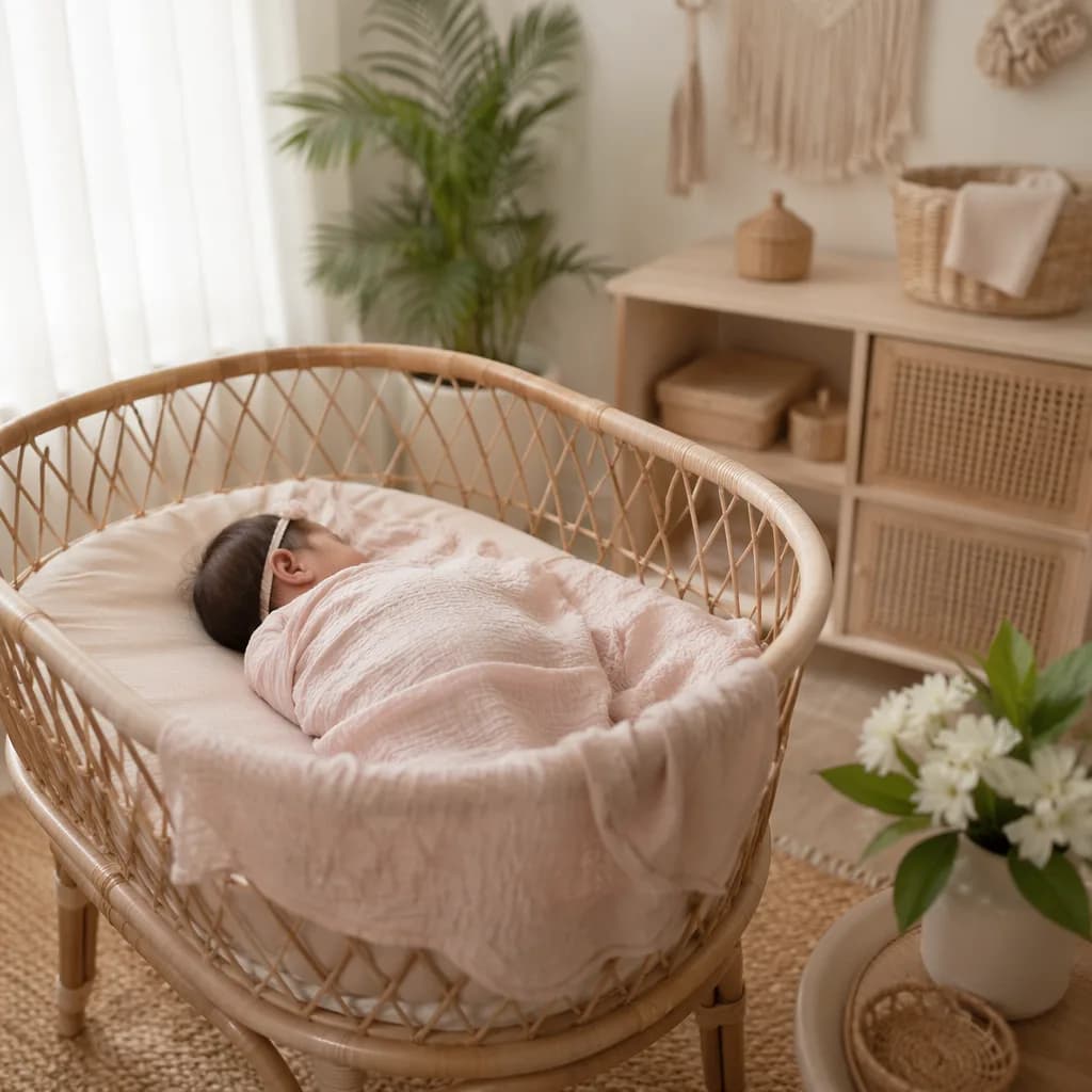 A peaceful Filipino-inspired nursery with a swaddled sleeping baby, rattan bassinet, and soft pastel light.
