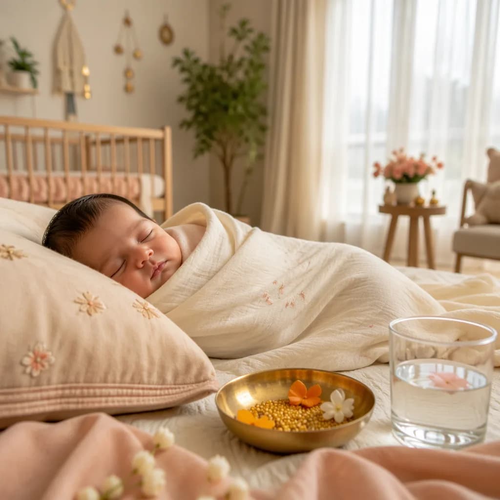 Sleeping baby in a warm pastel nursery with subtle golden and floral Hindi-inspired details.